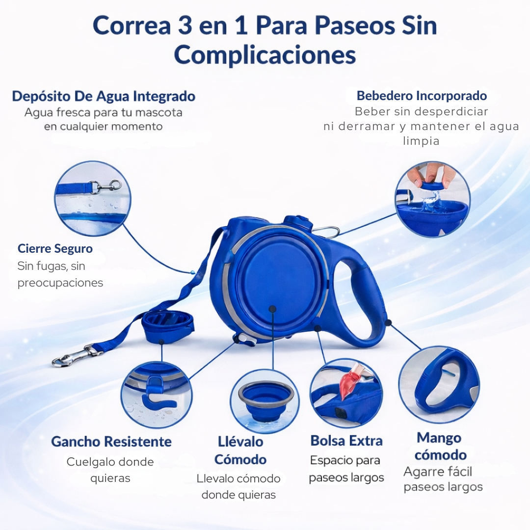 Correa Extensible 3 en 1 con Bebedero y Dispensador de Bolsas